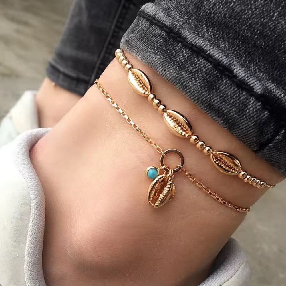 Gold and Turquoise Shell Charm Anklet Set